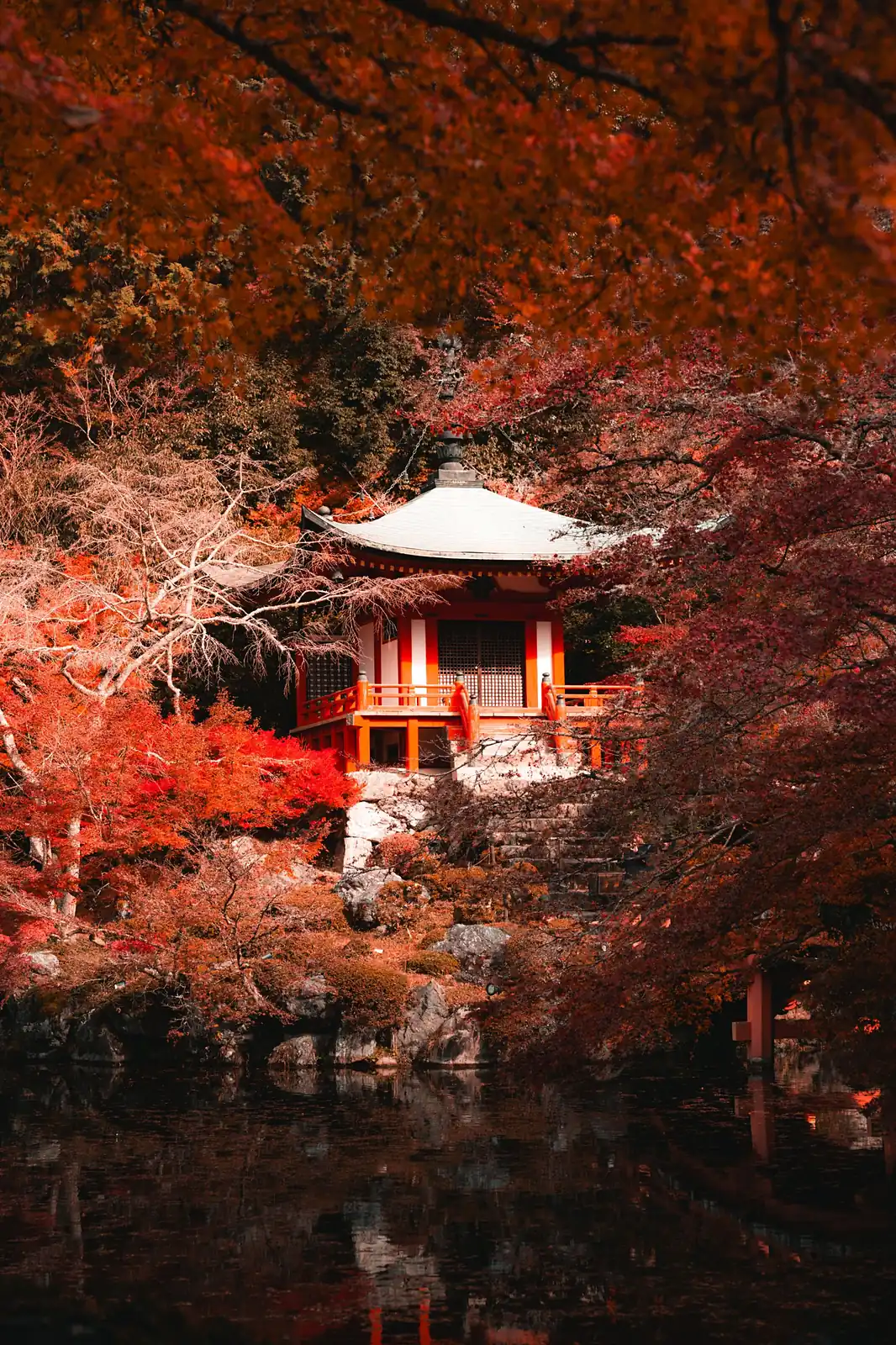 Pabellón de un templo entre arces rojos, junto a un estanque, en otoño